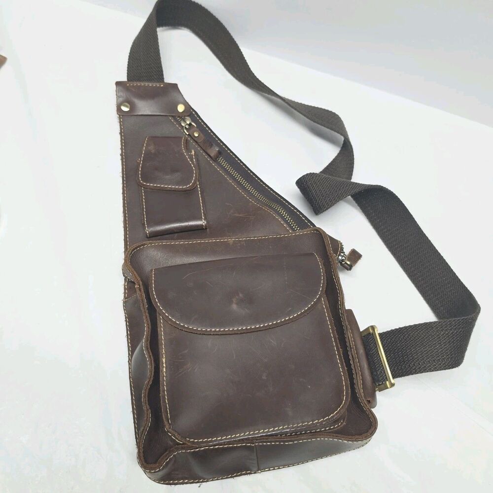 Vintage Crazy Horse Genuine Oiled Leather Men's Brown Sling Bag Pack Crossbody
